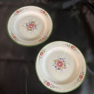 2 Hand Painted Pottery Salad Dessert Plates Portugal White Green Floral 7.5"
